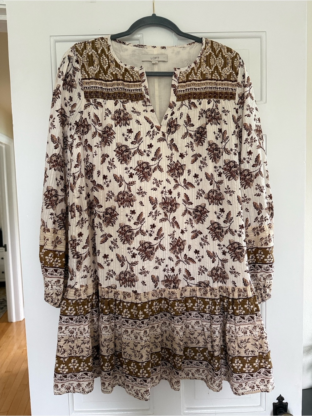 LOFT Cream & Brown Floral Boho Long Sleeve Dress